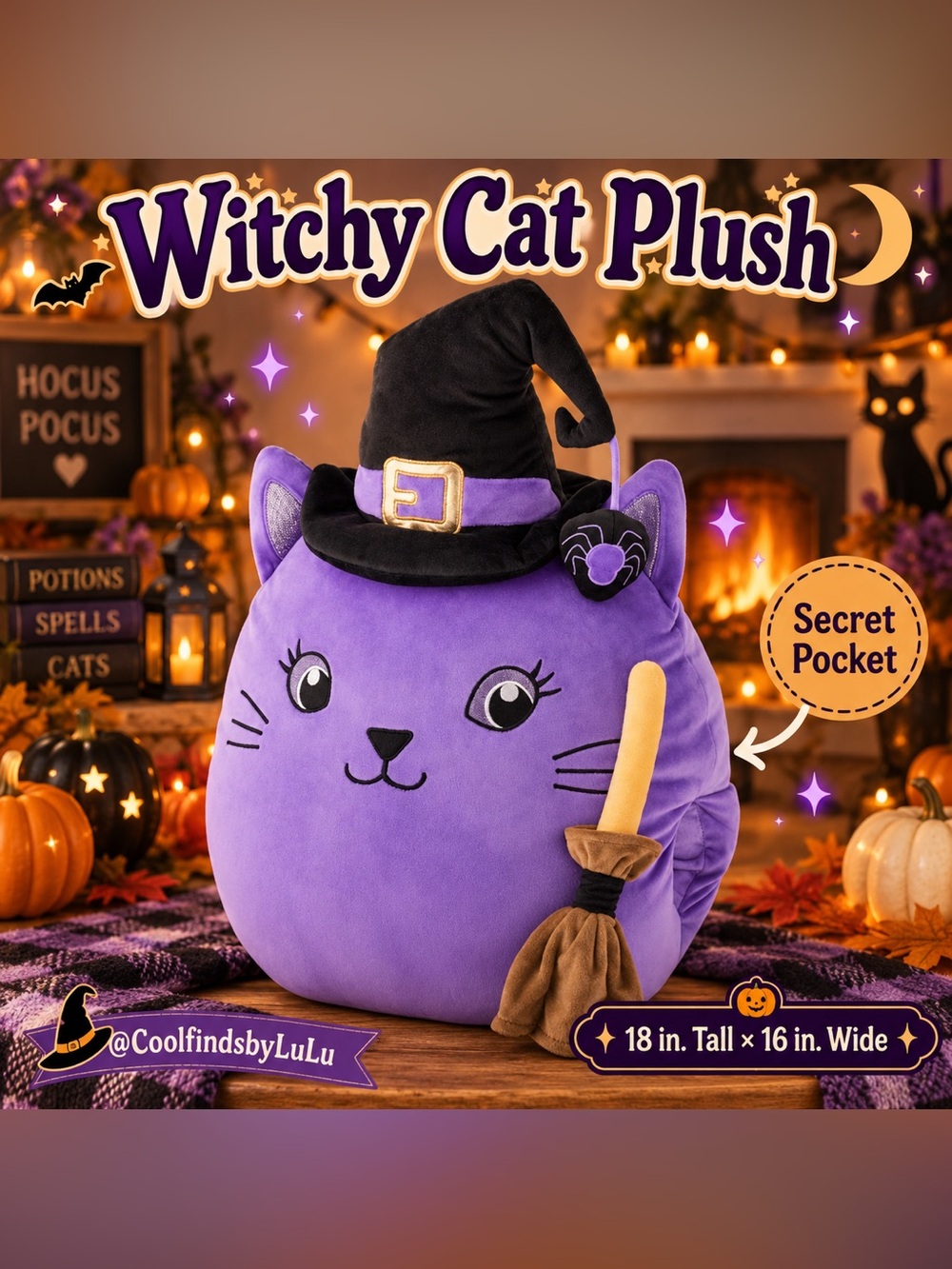 Halloween Witchy Cat Plush - Purple Plush Cat with Witch Hat 18”